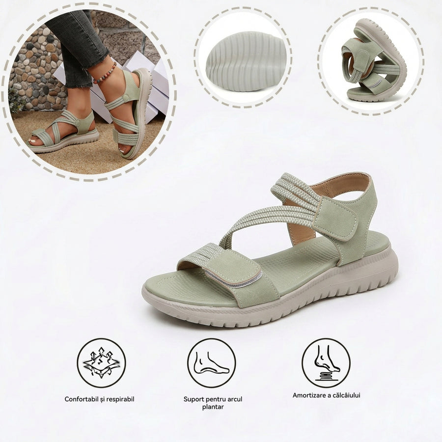 Sandale ortopedice confortabile — suport ergonomic pentru arcada piciorului, lățime reglabilă, care subliniază silueta picioarelor.
