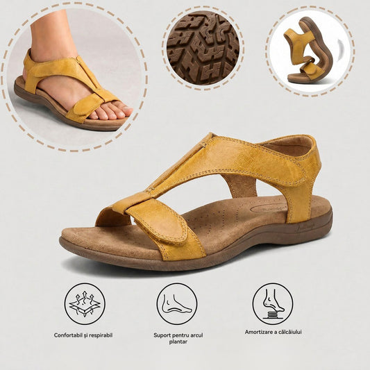 Sandale ortopedice confortabile — suport ergonomic pentru arcada piciorului, lățime reglabilă, care subliniază silueta picioarelor.