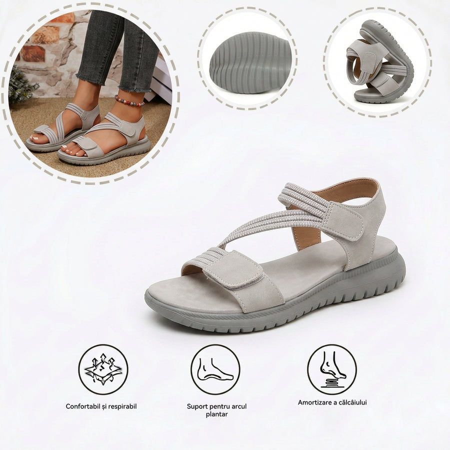 Sandale ortopedice confortabile — suport ergonomic pentru arcada piciorului, lățime reglabilă, care subliniază silueta picioarelor.
