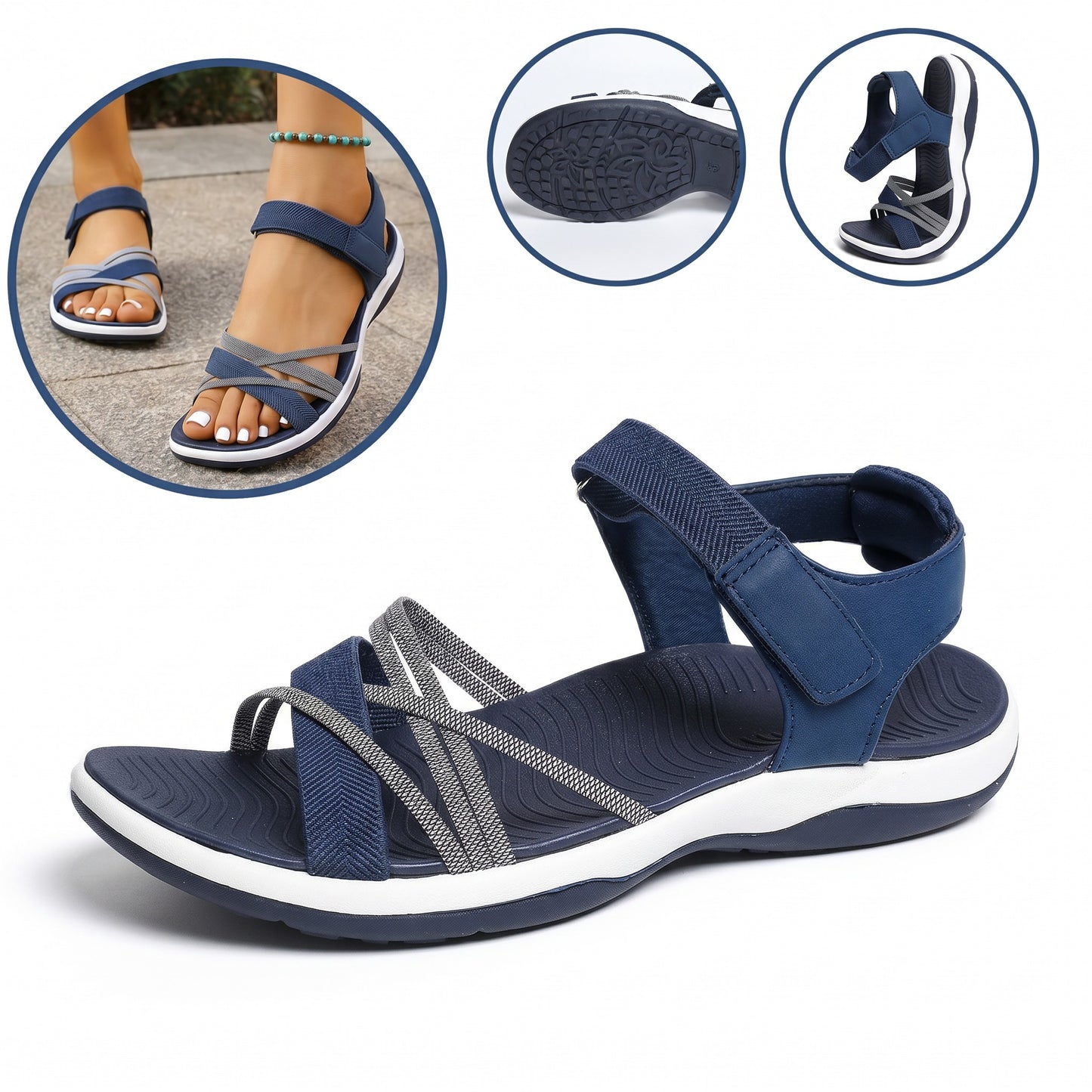 Sandale ortopedice ergonomice — cu suport pentru arcada plantară, care ajută la ameliorarea durerilor de picioare, la stabilizarea călcâiului și la reducerea instabilității la mers