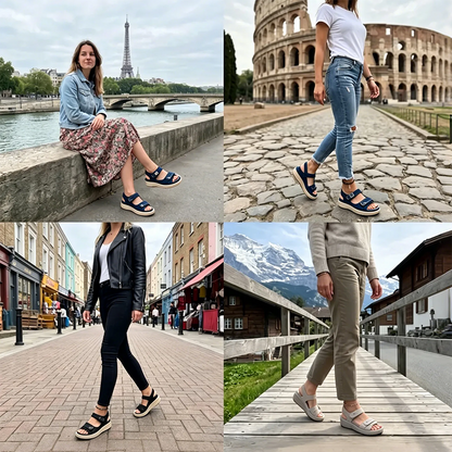 Sandale ortopedice confortabile — suport ergonomic pentru arcada plantară, lățime reglabilă, care subliniază silueta picioarelor.