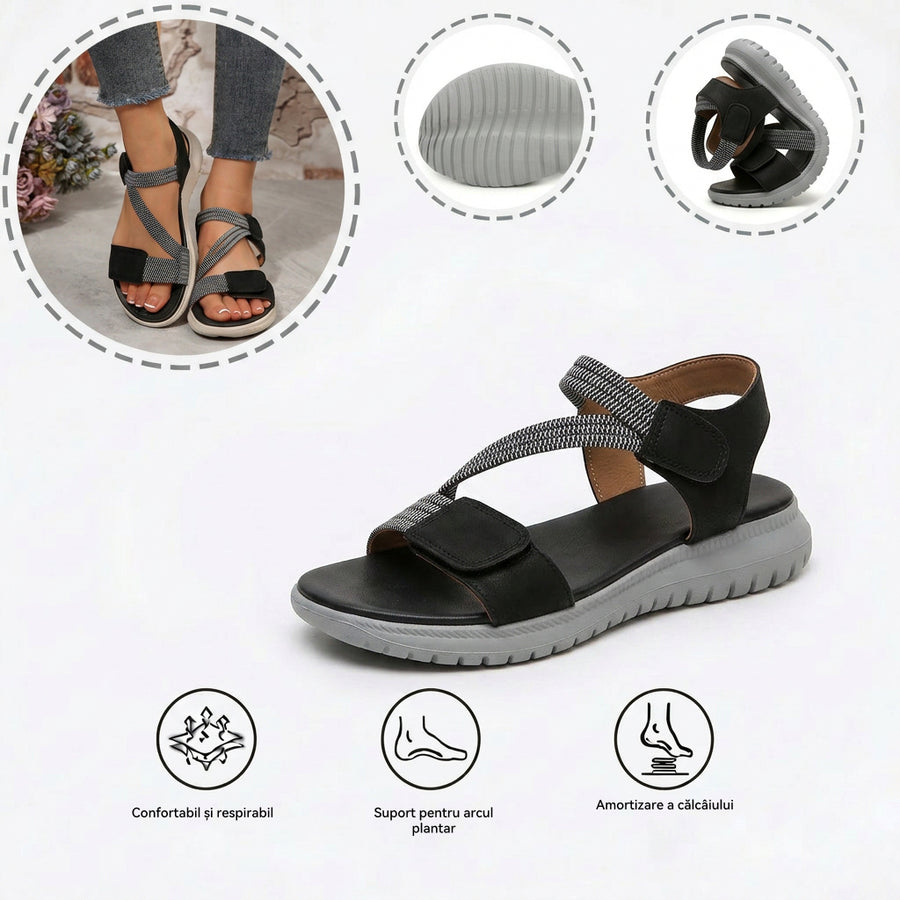 Sandale ortopedice confortabile — suport ergonomic pentru arcada piciorului, lățime reglabilă, care subliniază silueta picioarelor.