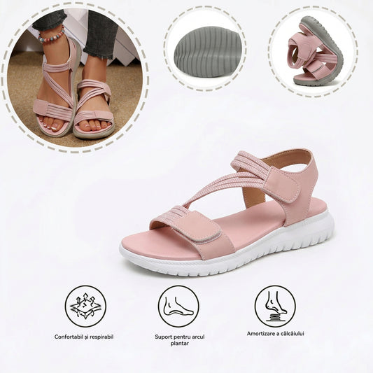 Sandale ortopedice confortabile — suport ergonomic pentru arcada piciorului, lățime reglabilă, care subliniază silueta picioarelor.