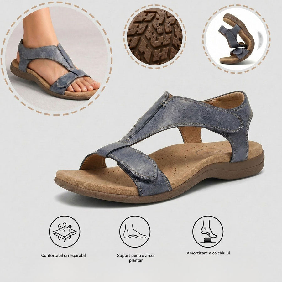 Sandale ortopedice confortabile — suport ergonomic pentru arcada piciorului, lățime reglabilă, care subliniază silueta picioarelor.
