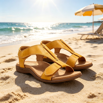 Sandale ortopedice confortabile — suport ergonomic pentru arcada piciorului, lățime reglabilă, care subliniază silueta picioarelor.